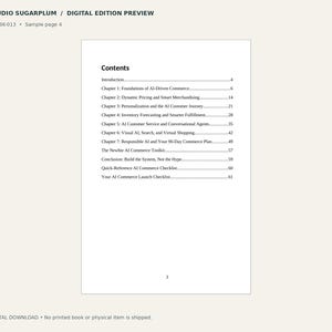 May include: A digital document page titled Contents for Studio Sugarplum, listing chapters from Introduction to Your AI Commerce Launch Checklist. The text outlines topics like AI-Driven Commerce, Dynamic Pricing, and Inventory Forecasting.