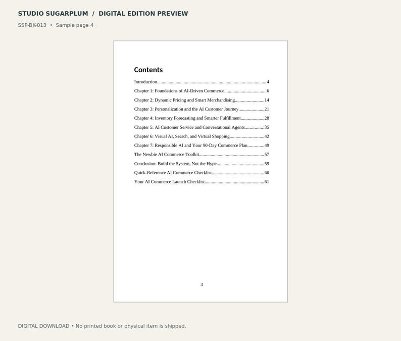 May include: A digital document page titled Contents for Studio Sugarplum, listing chapters from Introduction to Your AI Commerce Launch Checklist. The text outlines topics like AI-Driven Commerce, Dynamic Pricing, and Inventory Forecasting.