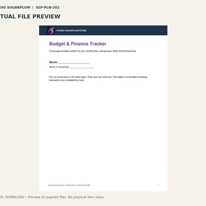 May include: A printable Budget & Finance Tracker document by Studio Sugarplum Store. The page features a dark blue header, the title in purple text, and fields for Month and Name or household. It includes instructions for US Letter paper.