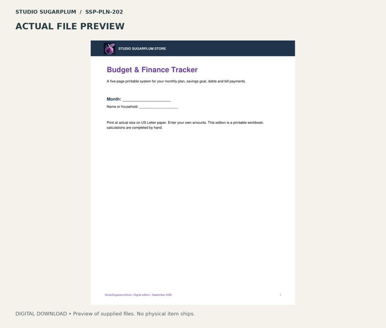 May include: A printable Budget & Finance Tracker document by Studio Sugarplum Store. The page features a dark blue header, the title in purple text, and fields for Month and Name or household. It includes instructions for US Letter paper.
