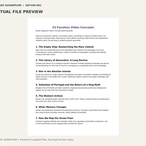 May include: A digital document titled 25 Faceless Video Concepts from Studio Sugarplum. The page lists seven numbered historical research topics including The Empty Ship, The Library of Alexandria, and War in the Aleutian Islands.