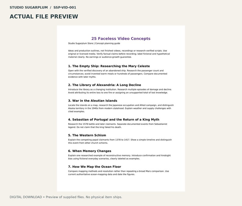 May include: A digital document titled 25 Faceless Video Concepts from Studio Sugarplum. The page lists seven numbered historical research topics including The Empty Ship, The Library of Alexandria, and War in the Aleutian Islands.