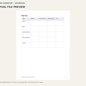 May include: A digital website content planner page map template featuring a table with columns for Page, Purpose, Primary headline, Supporting proof, and CTA. Rows include Home, About, Services/Product, Work/Resources, and Contact. Text includes STUDIO SUGARPLUM / SSP-WEB-001.
