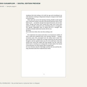 May include: A digital preview of a book page titled STUDIO SUGARPLUM, labeled SSP-BK-005 and Sample page 6. The text describes a scene in a burning clearing involving characters named Kendle and Sisopha, ending with the number 5.