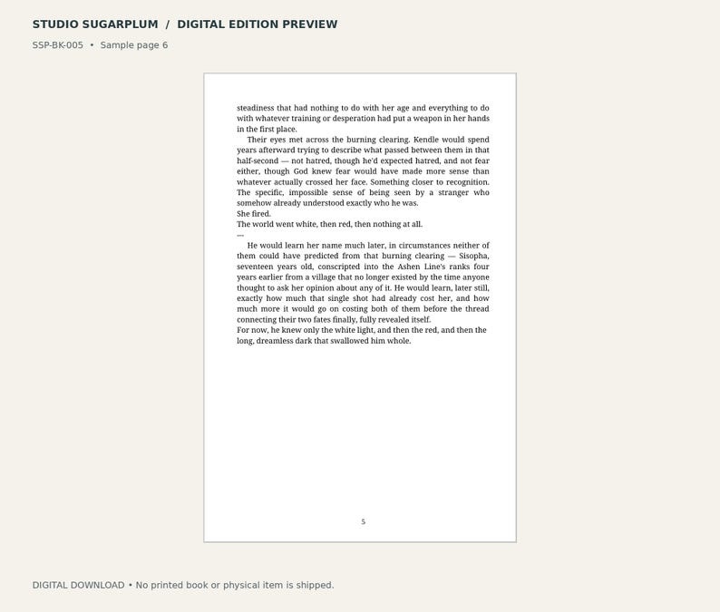 May include: A digital preview of a book page titled STUDIO SUGARPLUM, labeled SSP-BK-005 and Sample page 6. The text describes a scene in a burning clearing involving characters named Kendle and Sisopha, ending with the number 5.