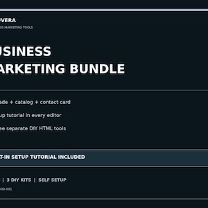 Pode incluir: Um gráfico azul escuro com o texto MODUVERA DIY BUSINESS MARKETING TOOLS e BUSINESS MARKETING BUNDLE. Lista recursos incluindo arcade, catálogo, cartão de contato, tutorial de configuração e três ferramentas HTML DIY separadas.