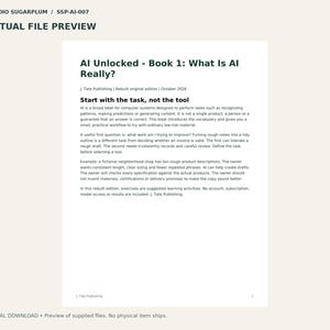 K&ouml;nnte beinhalten: Ein digitales Dokument mit dem Titel AI Unlocked - Book 1: What Is AI Really? von J. Tate Publishing. Der Text behandelt KI als Werkzeug f&uuml;r Aufgaben und betont, dass man mit der Aufgabe beginnen sollte, nicht mit dem Werkzeug.