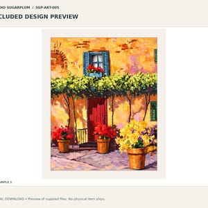 May include: An impressionistic painting of a yellow stucco building with a red door, blue shutters, and a green vine canopy. Three terracotta pots containing red and yellow flowers sit on a stone patio in front of the building.