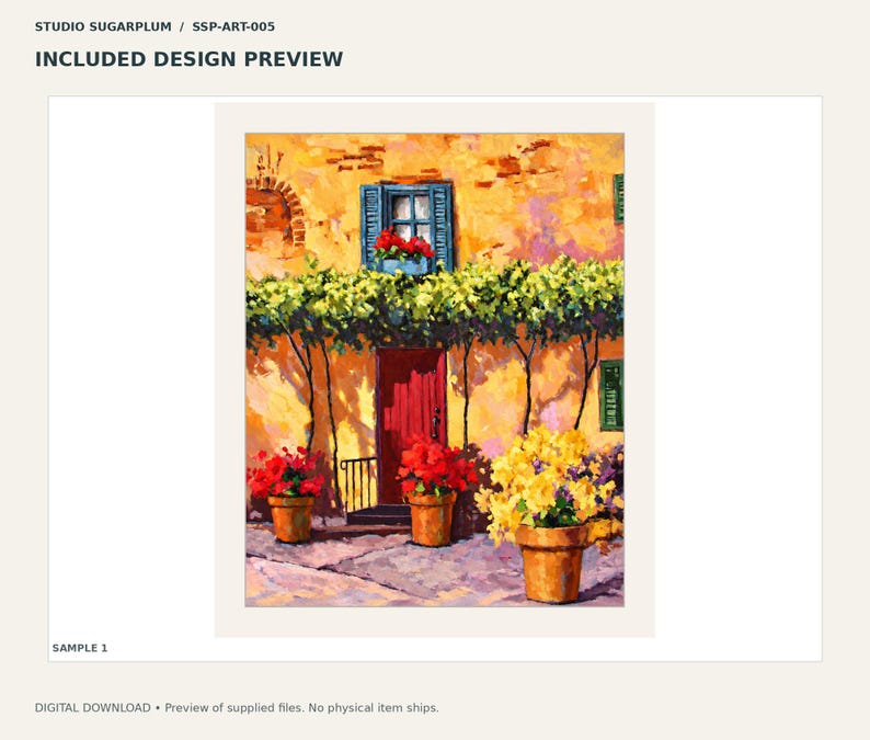 May include: An impressionistic painting of a yellow stucco building with a red door, blue shutters, and a green vine canopy. Three terracotta pots containing red and yellow flowers sit on a stone patio in front of the building.