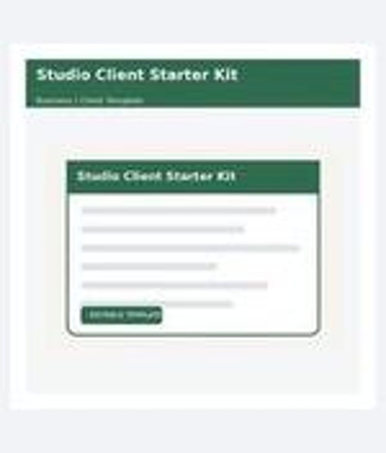 Puede incluir: Una plantilla de documento digital titulada Studio Client Starter Kit con un encabezado verde oscuro y un cuerpo blanco que contiene l&iacute;neas de texto de marcador de posici&oacute;n y un bot&oacute;n verde oscuro etiquetado Get Started.