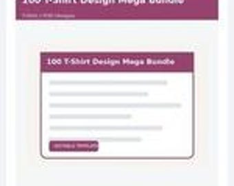 Puede incluir: Un listado de producto digital titulado 100 T-Shirt Design Mega Bundle con el subtítulo 1000+ T-Shirt Designs. El gráfico presenta una barra de encabezado de color morado oscuro con texto blanco y un cuadro blanco con un botón Get All Files.