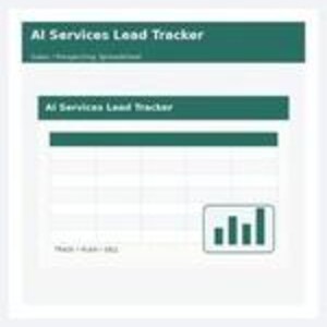 May include: A digital spreadsheet template titled AI Services Lead Tracker with a dark green header and a matching table section. The layout includes a bar chart icon in the bottom right corner and the text Track, Plan, Sell at the bottom left.