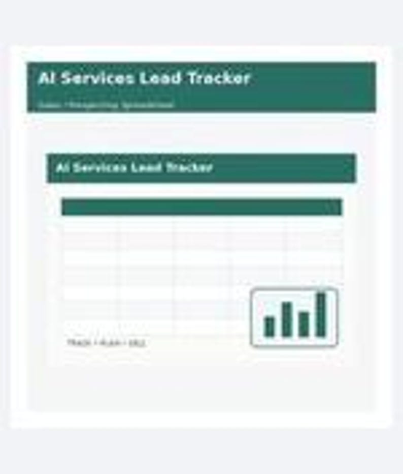 May include: A digital spreadsheet template titled AI Services Lead Tracker with a dark green header and a matching table section. The layout includes a bar chart icon in the bottom right corner and the text Track, Plan, Sell at the bottom left.