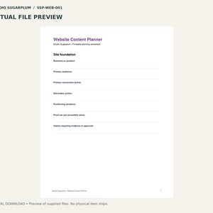 May include: A white printable Website Content Planner worksheet by Studio Sugarplum. The document features sections for business or product, primary audience, primary conversion action, secondary action, positioning sentence, proof, and claims.