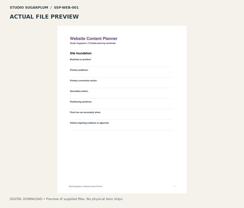 May include: A white printable Website Content Planner worksheet by Studio Sugarplum. The document features sections for business or product, primary audience, primary conversion action, secondary action, positioning sentence, proof, and claims.