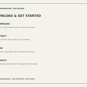 May include: A digital instruction card with a cream background and dark text. It outlines three steps: 1 / DOWNLOAD, 2 / EXTRACT, and 3 / OPEN. It includes the header STUDIO SUGARPLUM / SSP-SW-005, a NEED HELP? section, and the text DIGITAL DOWNLOAD &bull; NO PHYSICAL ITEM SHIPS.