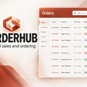 May include: A digital interface for OrderHub, featuring a logo with a geometric cube and the text 'ORDERHUB Digital sales and ordering'. To the right, a table displays a list of orders with columns for invoice, customer, date, status, and total.