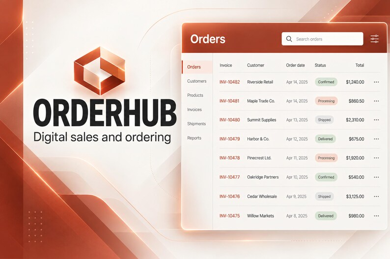 May include: A digital interface for OrderHub, featuring a logo with a geometric cube and the text 'ORDERHUB Digital sales and ordering'. To the right, a table displays a list of orders with columns for invoice, customer, date, status, and total.