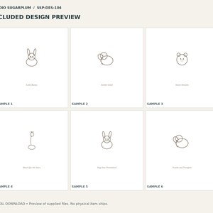 May include: A digital design preview sheet titled STUDIO SUGARPLUM SSP-DES-104 featuring six black line art animal illustrations labeled Sample 1 through 6, including a bunny, elephant, bear, giraffe, and trumpet-playing elephant.