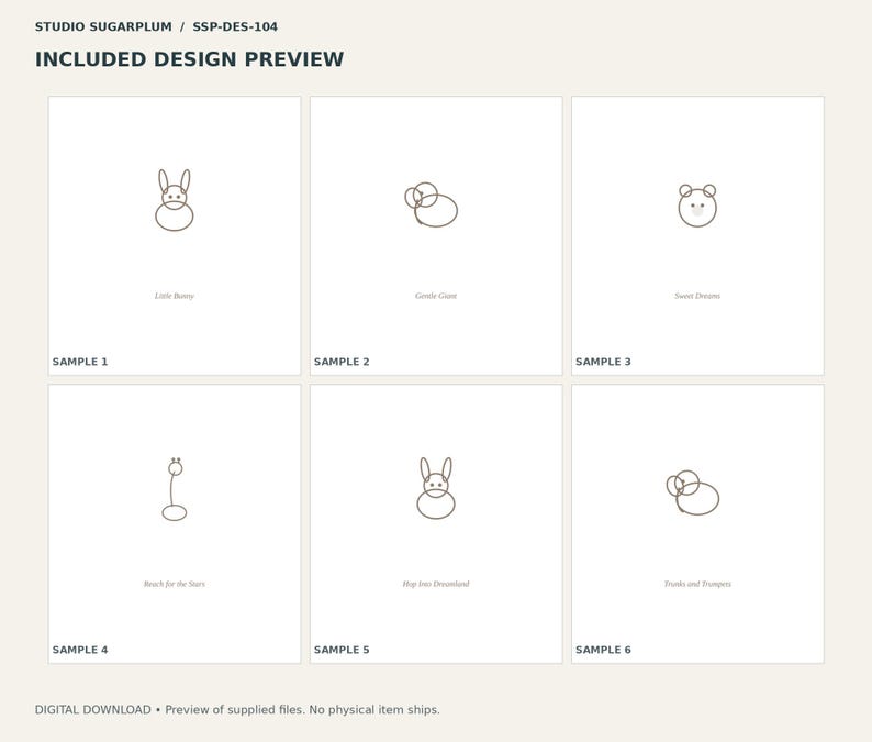 May include: A digital design preview sheet titled STUDIO SUGARPLUM SSP-DES-104 featuring six black line art animal illustrations labeled Sample 1 through 6, including a bunny, elephant, bear, giraffe, and trumpet-playing elephant.