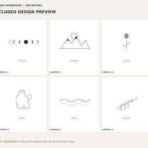 May include: A digital design preview sheet titled STUDIO SUGARPLUM SSP-ART-001 featuring six black line art illustrations on white squares. The designs include moon phases, mountains, a flower, a cat, ocean waves, and a leaf branch.