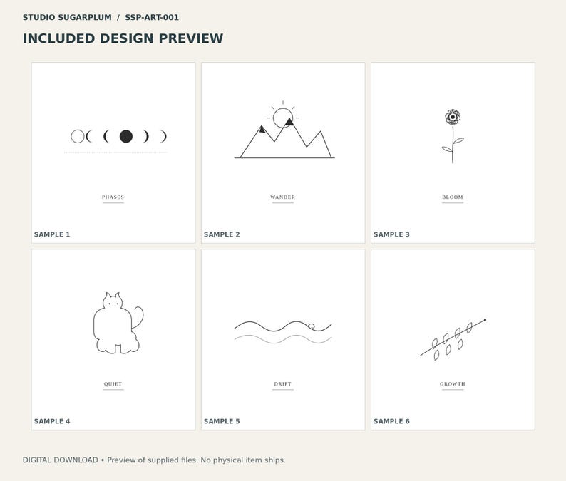 May include: A digital design preview sheet titled STUDIO SUGARPLUM SSP-ART-001 featuring six black line art illustrations on white squares. The designs include moon phases, mountains, a flower, a cat, ocean waves, and a leaf branch.