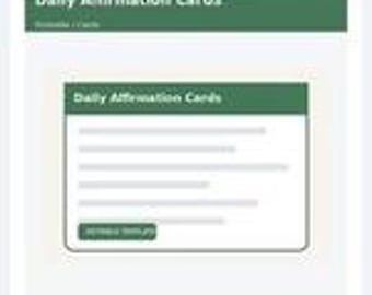 Peut inclure: Une interface numérique pour des cartes d'affirmation quotidienne avec un en-tête vert foncé et du texte blanc. La zone principale affiche le titre Daily Affirmation Cards, cinq lignes de texte fictif et un bouton vert foncé Details.