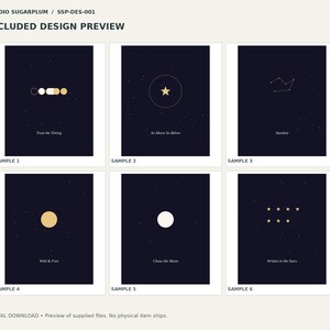 Puede incluir: Seis l&aacute;minas rectangulares de color azul oscuro con motivos celestiales. Los dise&ntilde;os incluyen fases lunares con 'Trust the Timing', una estrella con 'As Above So Below', una constelaci&oacute;n con 'Stardust', un sol con 'Wild & Free', una luna con 'Chase the Moon' y estrellas con 'Written in the Stars'.