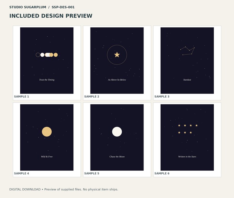 Puede incluir: Seis l&aacute;minas rectangulares de color azul oscuro con motivos celestiales. Los dise&ntilde;os incluyen fases lunares con 'Trust the Timing', una estrella con 'As Above So Below', una constelaci&oacute;n con 'Stardust', un sol con 'Wild & Free', una luna con 'Chase the Moon' y estrellas con 'Written in the Stars'.