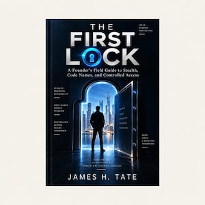 Peut inclure: Un livre intitul&eacute; The First Lock par James H. Tate. La couverture montre la silhouette d'une personne devant une porte de coffre-fort ouverte r&eacute;v&eacute;lant une ville illumin&eacute;e. Le texte inclut A Founder's Field Guide to Stealth, Code Names, and Controlled Access.