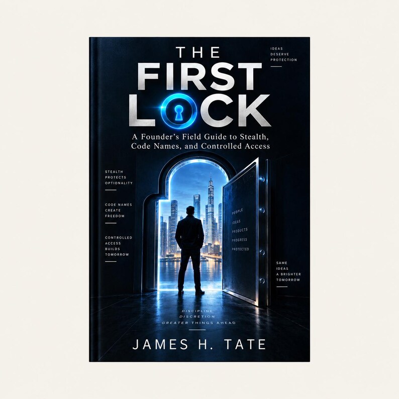 Peut inclure: Un livre intitul&eacute; The First Lock par James H. Tate. La couverture montre la silhouette d'une personne devant une porte de coffre-fort ouverte r&eacute;v&eacute;lant une ville illumin&eacute;e. Le texte inclut A Founder's Field Guide to Stealth, Code Names, and Controlled Access.