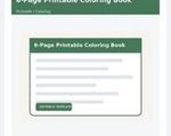 May include: A digital product listing for a 6-Page Printable Coloring Book. The interface features a dark green header with the text 6-Page Printable Coloring Book, followed by a white content box containing the same title and a green button.