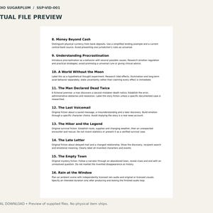 May include: A digital document titled Studio Sugarplum SSP-VID-001 Actual File Preview. It lists writing prompts numbered 8 through 16, including Money Beyond Cash, Understanding Procrastination, A World Without the Moon, The Man Declared Dead Twice, The Last Voicemail, The Hiker and the Legend, The Late Letter, The Empty Town, and Rain at the Window.