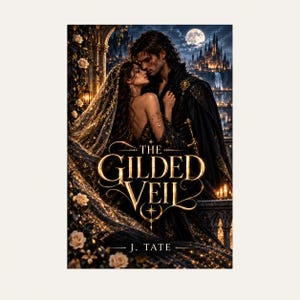 Puede incluir: Una portada de libro titulada The Gilded Veil de J. Tate que muestra a una pareja de cabello oscuro con atuendo negro y dorado abraz&aacute;ndose bajo un cielo estrellado. Un castillo con una cascada se ve al fondo, rodeado de rosas blancas y una luna.
