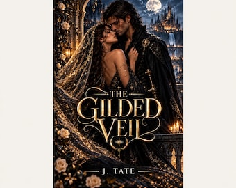 May include: A book cover titled The Gilded Veil by J. Tate featuring a dark-haired couple in black and gold attire embracing under a starry night sky. A castle with a waterfall sits in the background, surrounded by white roses and a glowing moon.