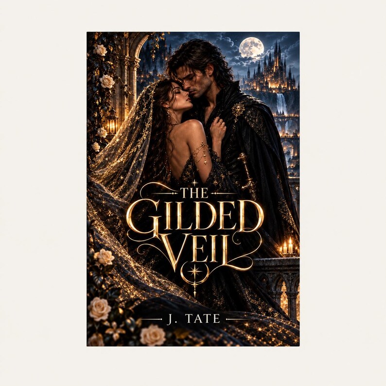 Puede incluir: Una portada de libro titulada The Gilded Veil de J. Tate que muestra a una pareja de cabello oscuro con atuendo negro y dorado abraz&aacute;ndose bajo un cielo estrellado. Un castillo con una cascada se ve al fondo, rodeado de rosas blancas y una luna.