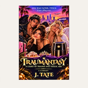 May include: A book cover titled Traumantasy: A Court of Trauma and Tragic Abs by J. Tate. It features three people, a black air fryer, a cinnamon roll, and a crown against a Hollywood sunset background with the text She was fated. Twice.