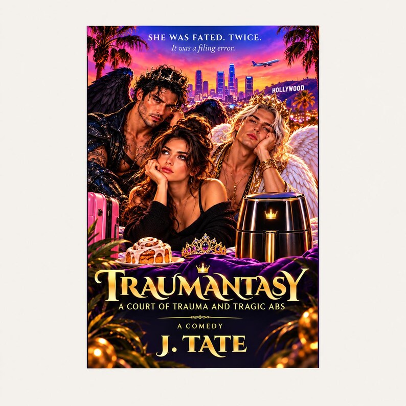 May include: A book cover titled Traumantasy: A Court of Trauma and Tragic Abs by J. Tate. It features three people, a black air fryer, a cinnamon roll, and a crown against a Hollywood sunset background with the text She was fated. Twice.