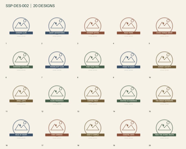 May include: A collection of 20 circular logo designs labeled SSP-DES-002, each featuring a mountain peak and sun icon above a rectangular banner containing phrases like Garden Club, Quiet Adventures, Wander Often, and Read More.