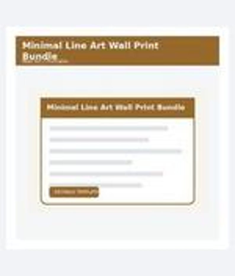 Puede incluir: Una tarjeta de producto digital con un encabezado marr&oacute;n y el texto blanco Minimal Line Art Wall Print Bundle. Debajo, un recuadro blanco contiene el mismo t&iacute;tulo, cinco l&iacute;neas horizontales gris claro y un bot&oacute;n marr&oacute;n Add to Cart.