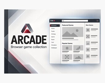 May include: A digital interface for an Arcade Browser game collection featuring a stylized letter A logo, a search bar, and categorized game lists including Featured Games and Popular Games with grey placeholder thumbnails on a white background.