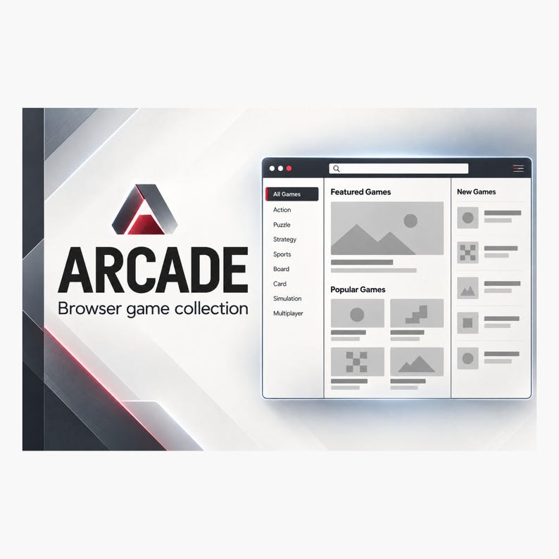 May include: A digital interface for an Arcade Browser game collection featuring a stylized letter A logo, a search bar, and categorized game lists including Featured Games and Popular Games with grey placeholder thumbnails on a white background.