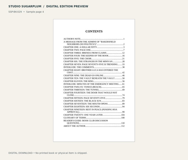 May include: A digital book preview page titled Studio Sugarplum with the text Contents listing nineteen chapters, an author's note, an interlude, a glossary, and a reader's guide with page numbers ranging from one to one hundred twelve.