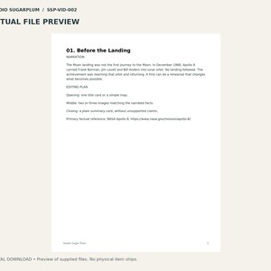 May include: A digital document titled 01. Before the Landing, featuring text about the Apollo 8 mission, including a narration section, an editing plan with opening, middle, and closing steps, and a primary factual reference to NASA.