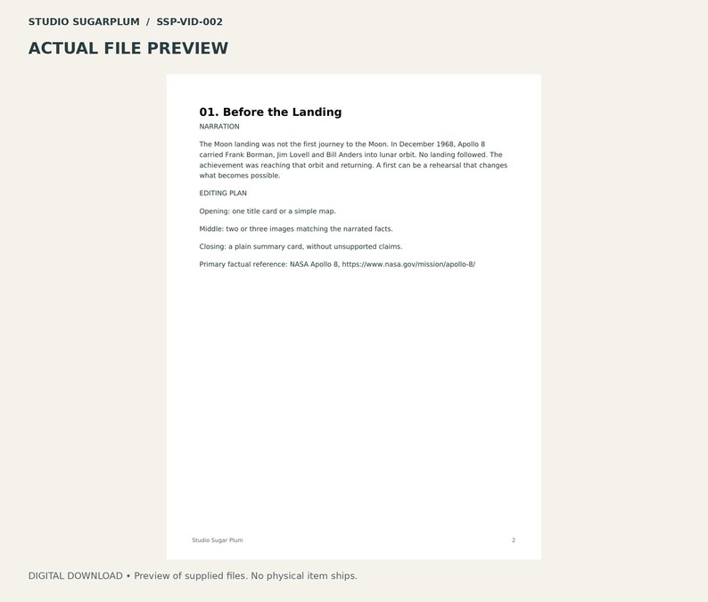 May include: A digital document titled 01. Before the Landing, featuring text about the Apollo 8 mission, including a narration section, an editing plan with opening, middle, and closing steps, and a primary factual reference to NASA.