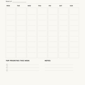 May include: A Studio Sugarplum weekly planner template on a light background. The layout features a header, a section for the week, seven vertical columns for days of the week, a Top Priorities section with three checkboxes, and a Notes section.