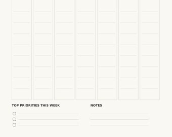 May include: A Studio Sugarplum weekly planner template on a light background. The layout features a header, a section for the week, seven vertical columns for days of the week, a Top Priorities section with three checkboxes, and a Notes section.