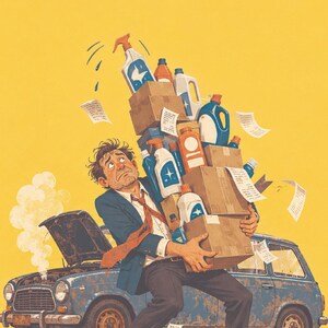 May include: A book cover titled FED UP! by James H. Tate featuring a person in a suit struggling to carry a large stack of cardboard boxes and cleaning supply bottles next to a broken-down blue car with smoke rising from the open bonnet.