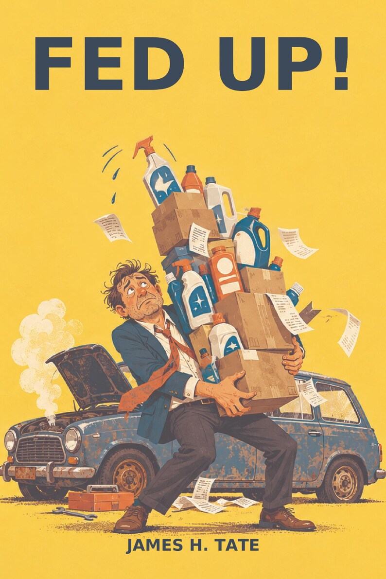 May include: A book cover titled FED UP! by James H. Tate featuring a person in a suit struggling to carry a large stack of cardboard boxes and cleaning supply bottles next to a broken-down blue car with smoke rising from the open bonnet.