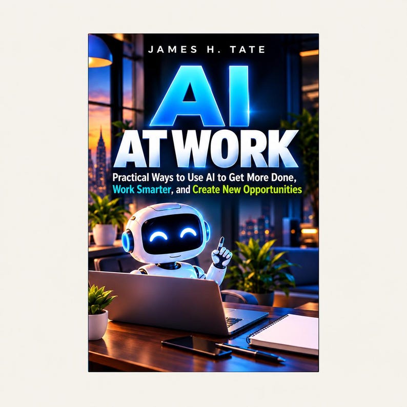 May include: A book cover titled AI AT WORK by James H. Tate. The cover features a small white robot with glowing blue eyes sitting at a desk with a laptop, a smartphone, and a notebook. The background shows a blurred office at twilight.